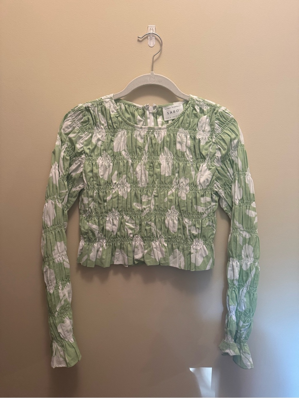 Sabo Skirt Green and White Smocked Long Sleeve Top